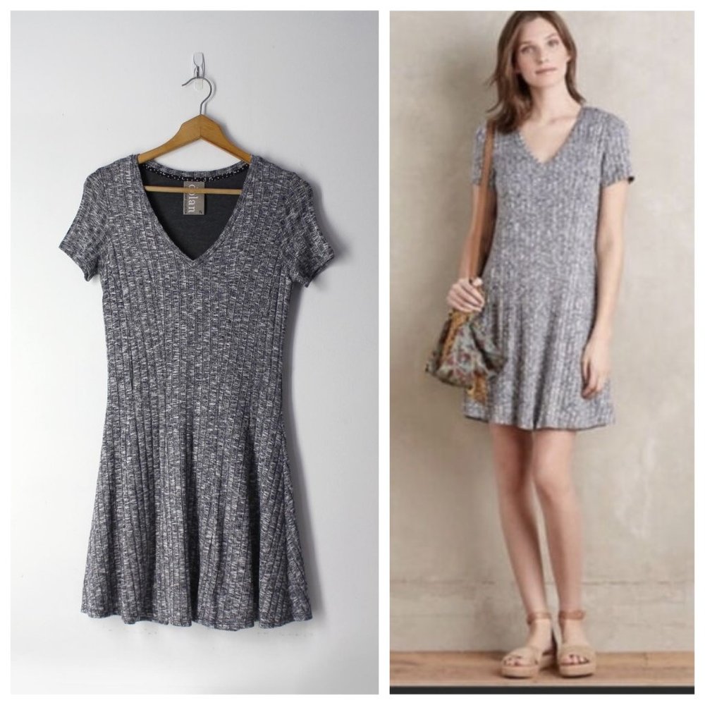Dolan Anthropologie Heather Gray Ribbed Knit V-neck Short Sleeve Swing Dress XS